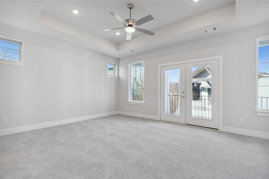 Carpeted spare room featuring a wealth of natural light, a tray ceiling, and french doors