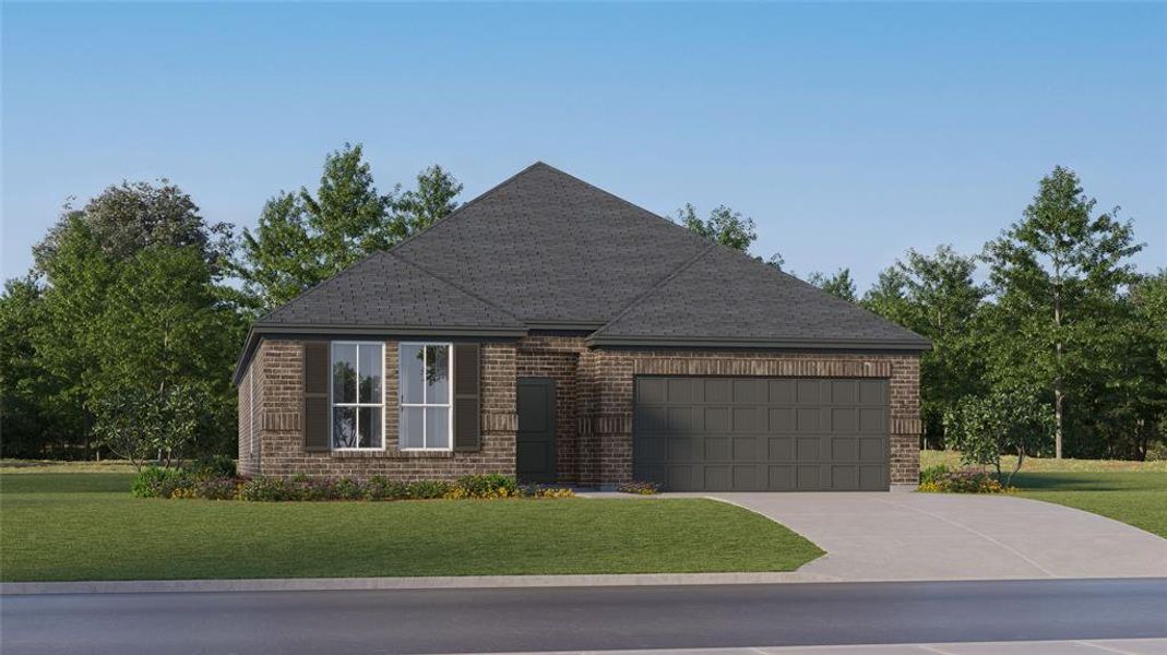 View of front of home with a garage and a front lawn