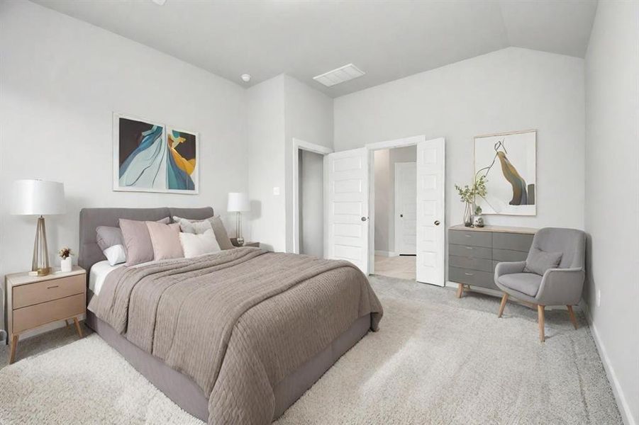 Come decompress in the stunning primary suite after a lengthy day! Experience the luxury of plush carpeting, warm paint hues, high ceilings, and large windows featuring privacy blinds. Virtual staged.