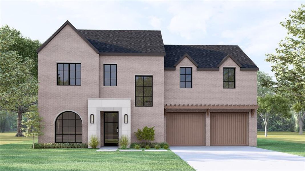 View of front facade featuring a garage and a front yard