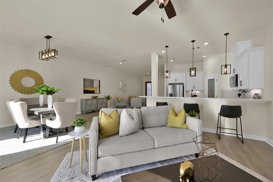 Looking back from the corner fireplace, you can see the open space great for family time or social gatherings.