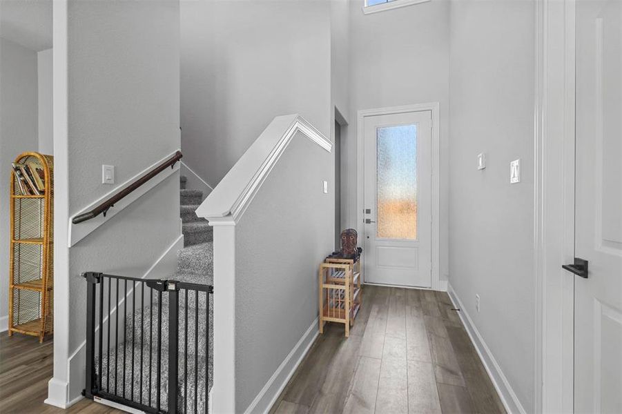 Foyer with wood-type flooring