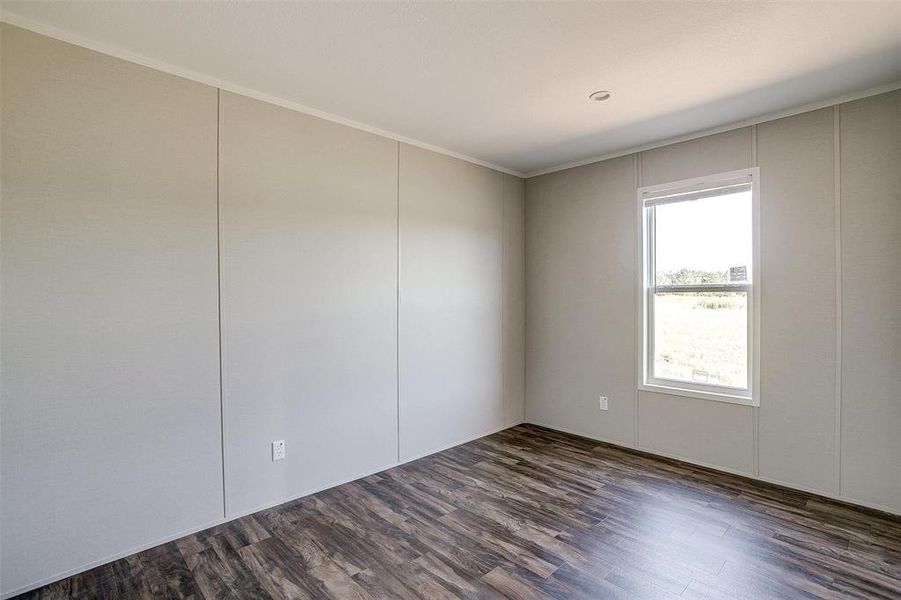 Spare room with crown molding and dark hardwood / wood-style flooring