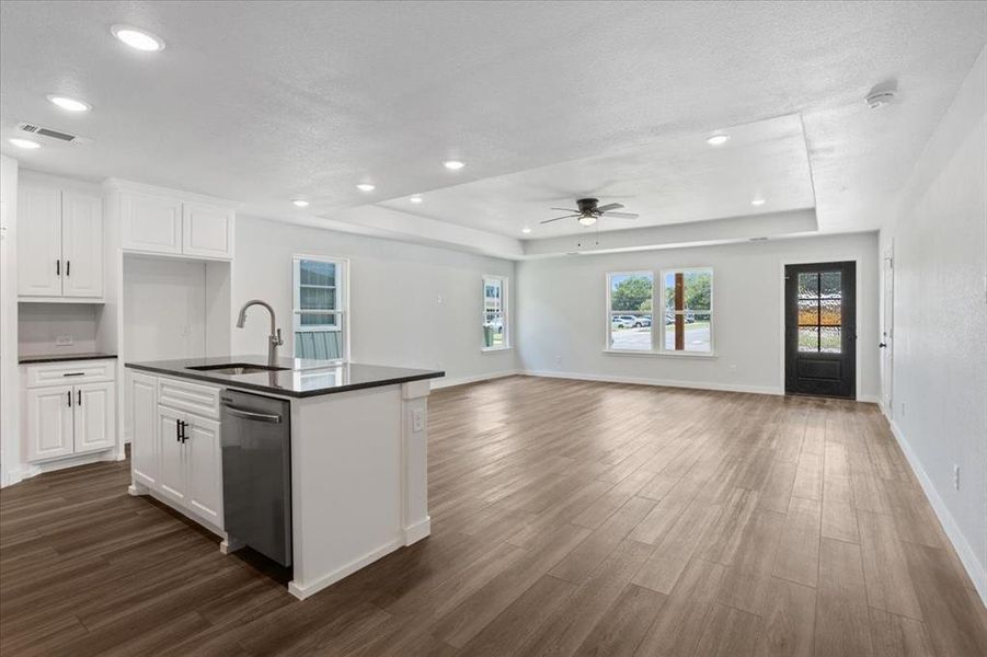 Kitchen featuring wood-type flooring, ceiling fan, a tray ceiling, sink, and dishwasher