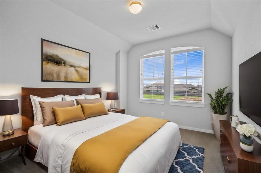 Secondary bedroom features plush carpet, custom paint, high ceilings, and large window with privacy blinds.