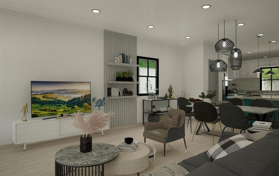 Living room with light hardwood / wood-style floors, crown molding, sink, and a healthy amount of sunlight