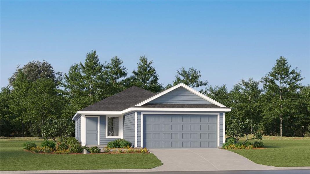 Single story home featuring a garage and a front lawn