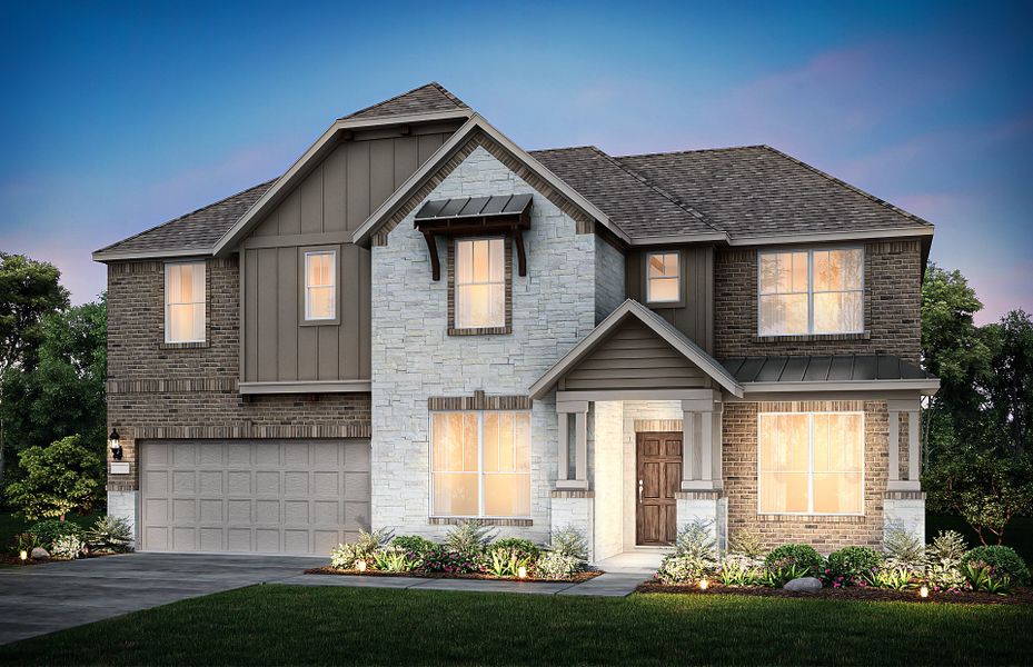 The Oak Grove, a two-story home with 2-car garage, shown as Home Exterior E