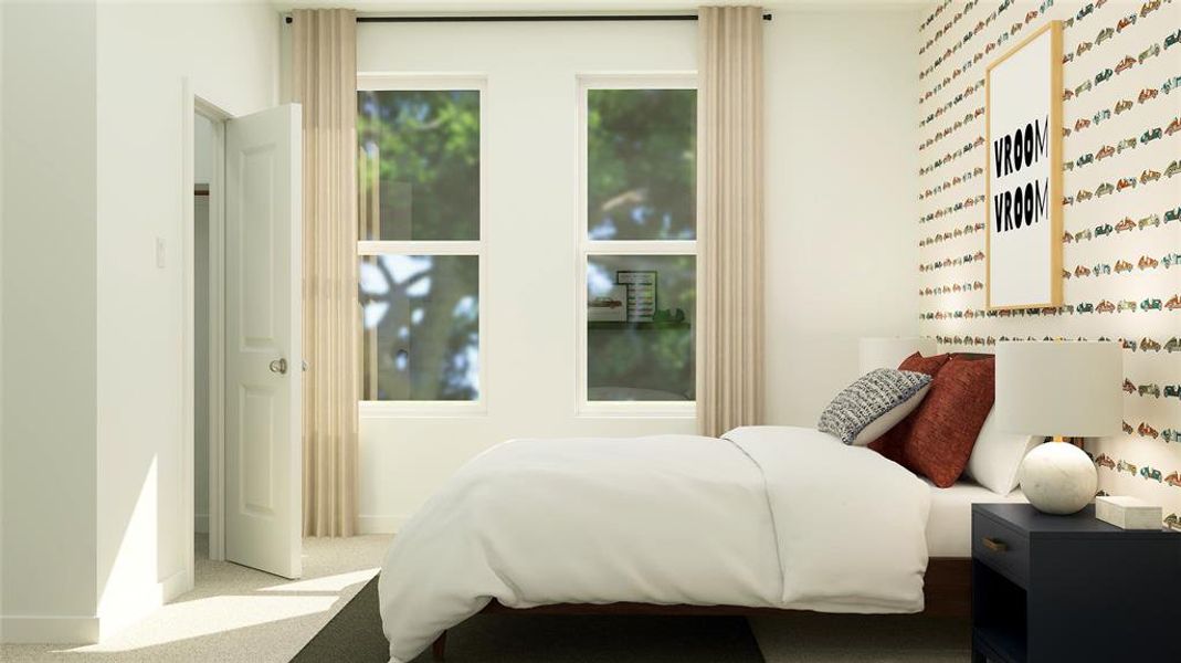 Carpeted bedroom featuring multiple windows