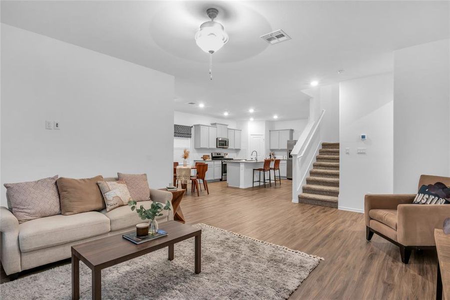 This floor plan is great for entertaining friends and family! Whether you're in the kitchen cooking, eating at the dinner table or watching TV in the living room; everyone is able to see and have conversations with one another due to the open concept.