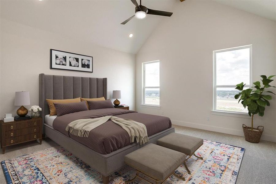 Bedroom with light carpet, high vaulted ceiling, and ceiling fan