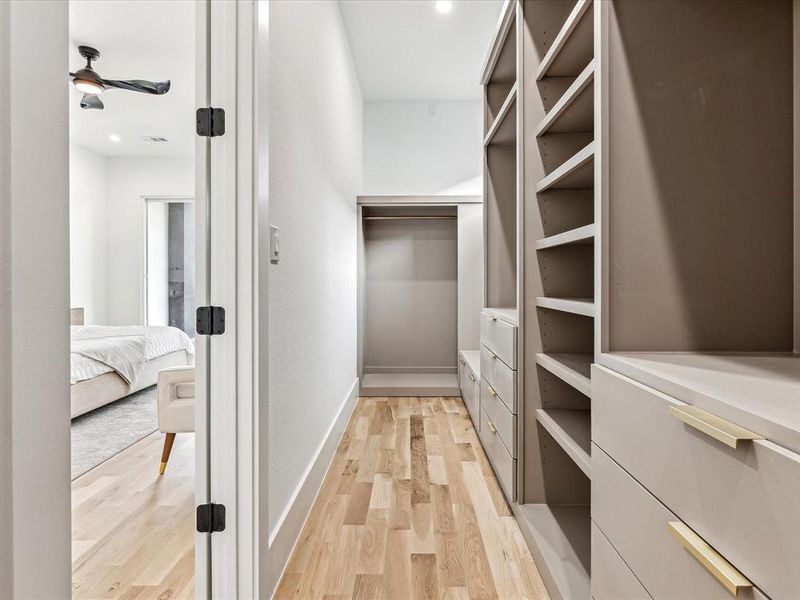 Walk in closet with ceiling fan and light hardwood / wood-style flooring