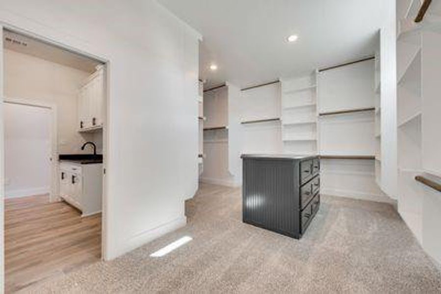 Walk in closet with sink and light colored carpet