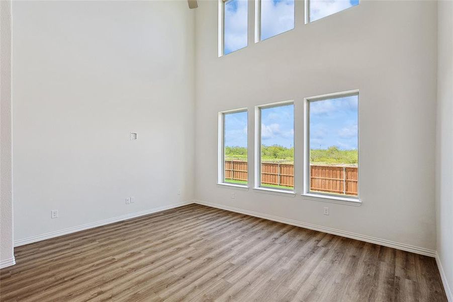 Spare room with a high ceiling and light wood-type flooring