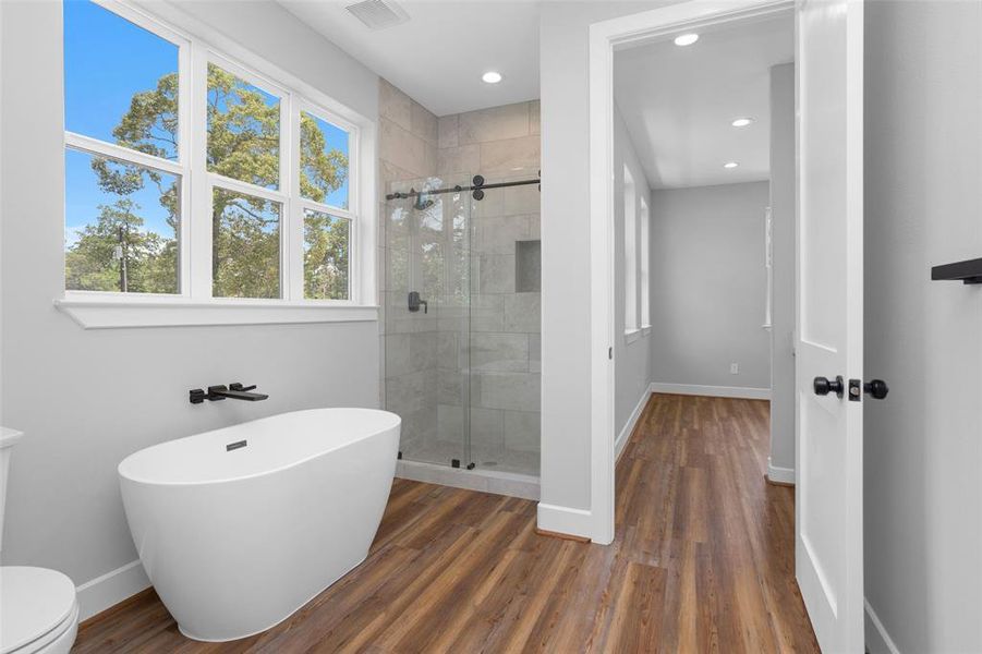 Separate tub/shower in the shared bath.