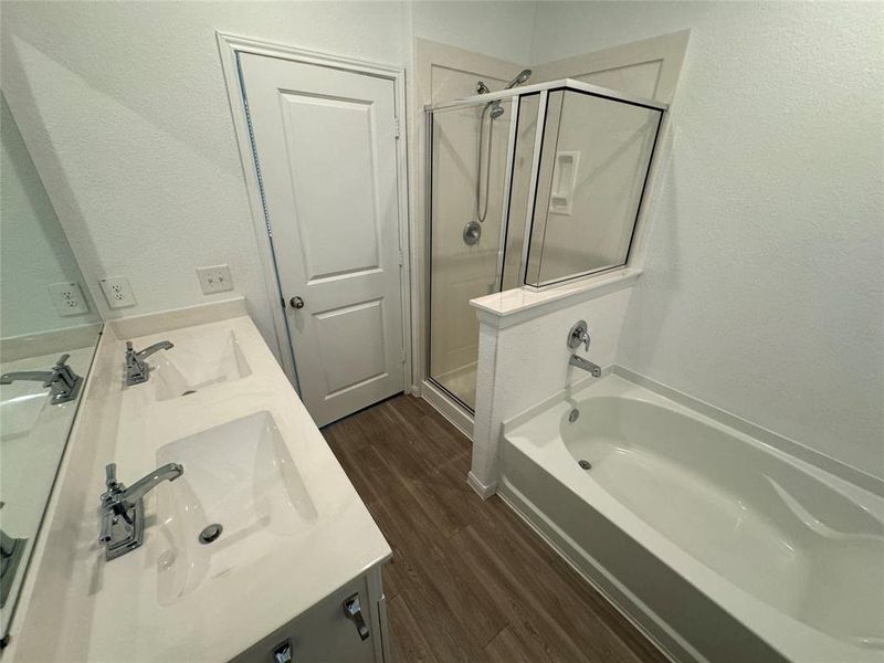 The primary bathroom features both a shower and a soaking tub.