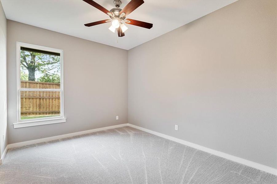 Empty room featuring ceiling fan, a wealth of natural light, and carpet