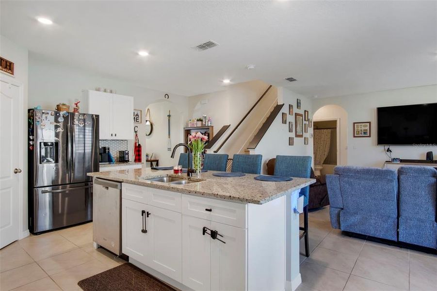 Kitchen view into living room