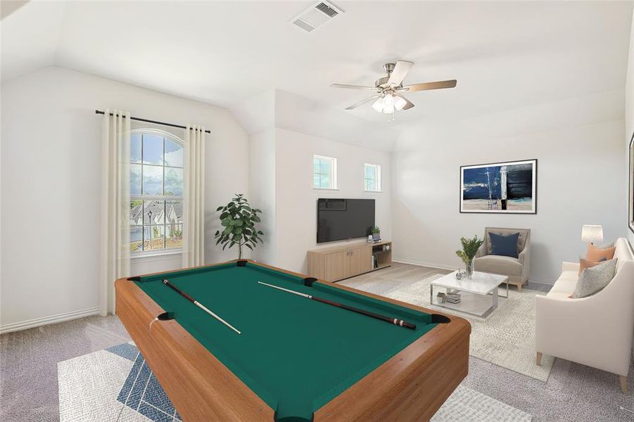 Recreation room featuring ceiling fan, billiards, and a wealth of natural light