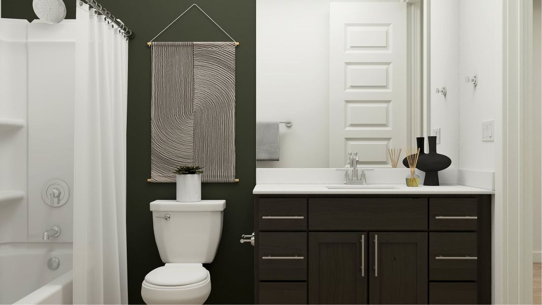 Bathroom 3 interior with combined shower tub, sink, and commode