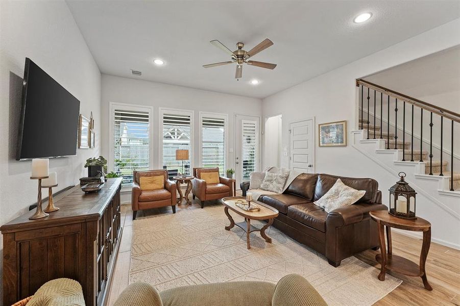 Plantation shutters were added to the study/office, dining room and living room (as well as the primary suite)