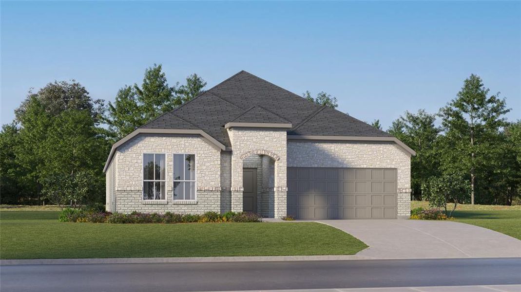 View of front of house with a garage and a front lawn