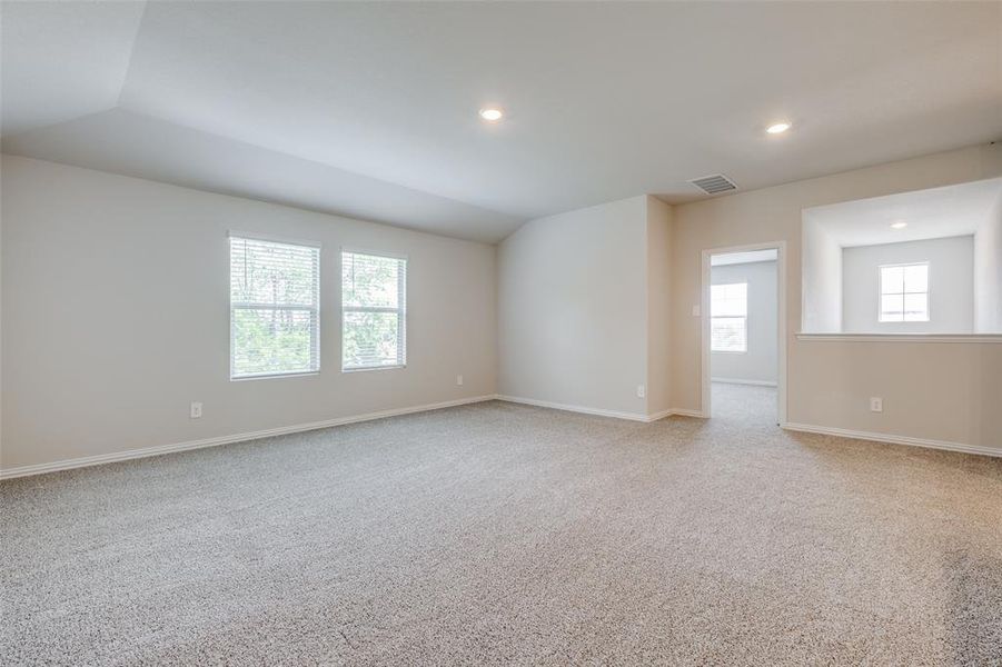 Unfurnished room with carpet flooring, a wealth of natural light, and vaulted ceiling