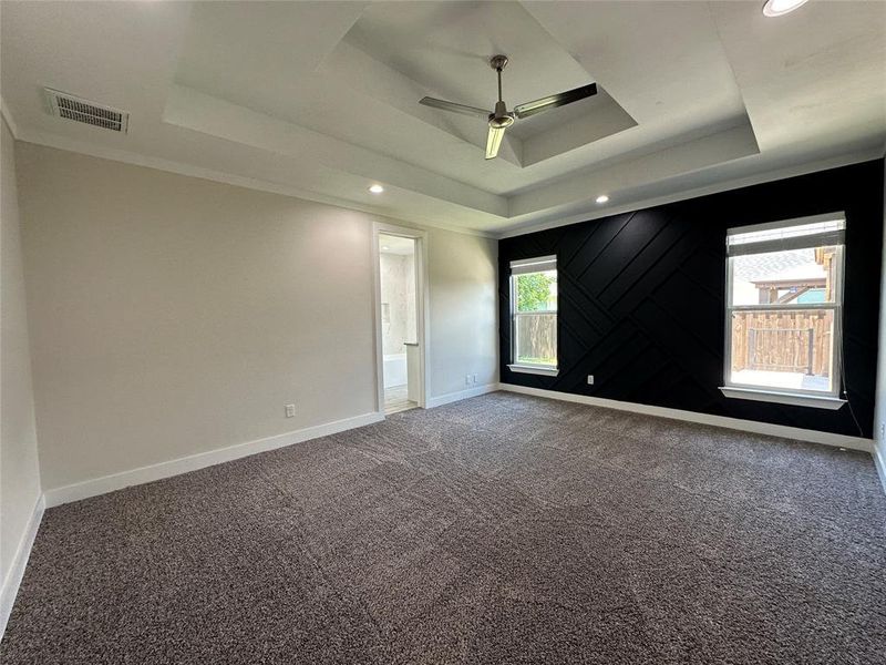 Master Bedroom with carpet, plenty of natural light, ceiling fan, and a raised ceiling, Accent Walls with trim