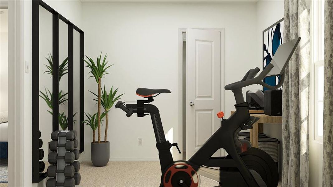 Exercise room featuring carpet floors and a healthy amount of sunlight