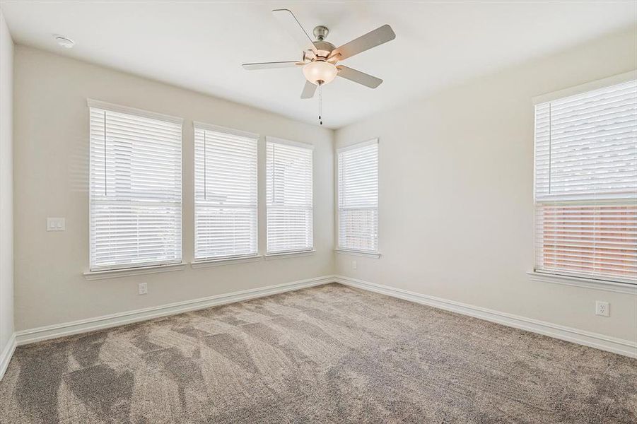 Empty room with plenty of natural light, ceiling fan, and carpet floors