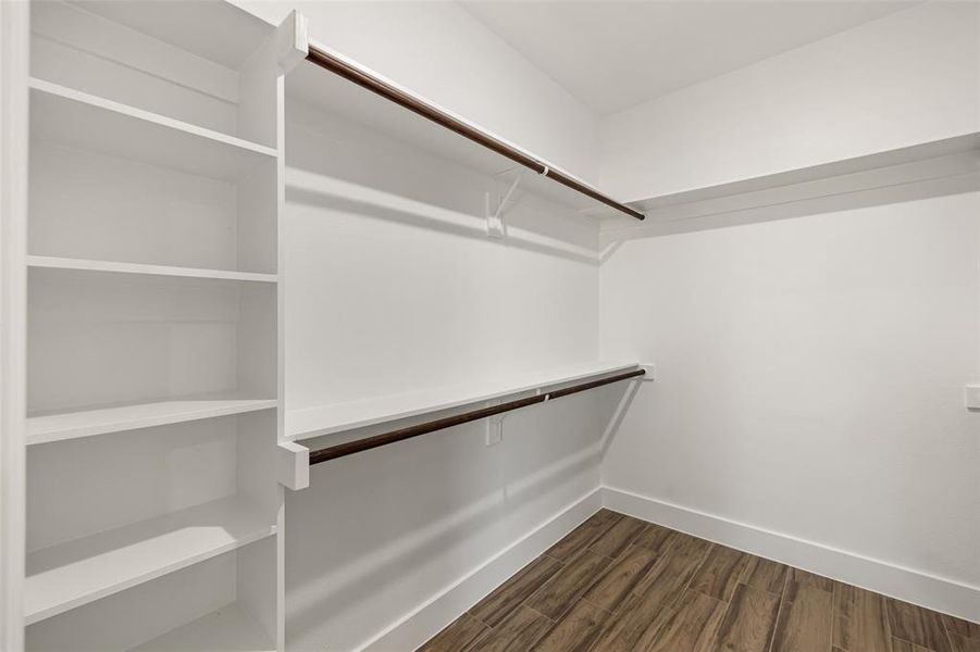 Spacious closet featuring dark hardwood / wood-style flooring