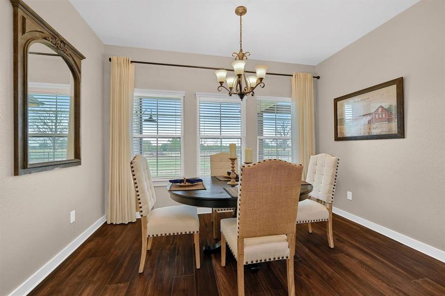 Dining area featuring dark wood-type flooring, a notable chandelier, and a healthy amount of sunlight