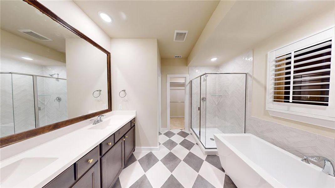 Bathroom with vanity and shower with separate bathtub