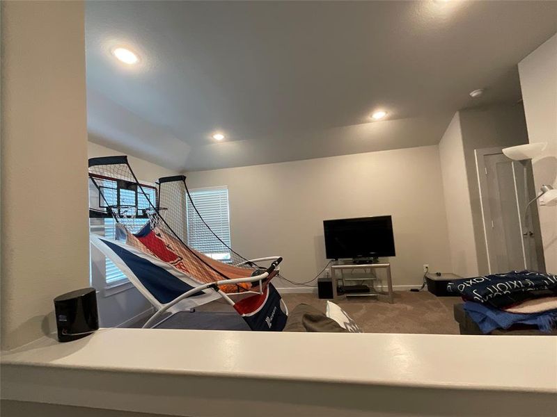 Recreation room with vaulted ceiling and carpet flooring