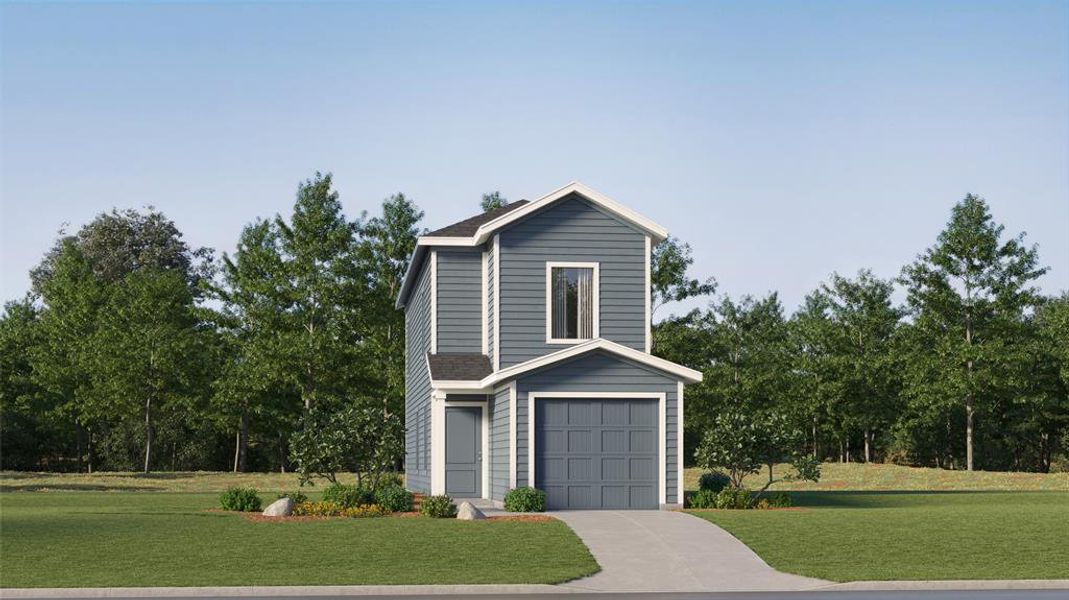 View of front of property featuring a front lawn and a garage