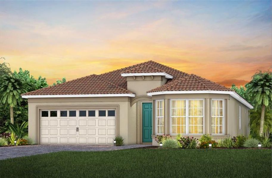 Palmary Home Design Florida Mediterranean Exterior Design. Artistic rendering for this new construction home. Pictures are for illustrative purposes only. Elevations, colors and options may vary.