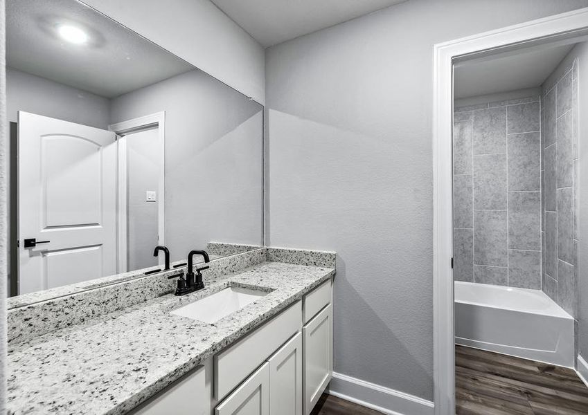 The secondary bathroom has plenty of counter space.