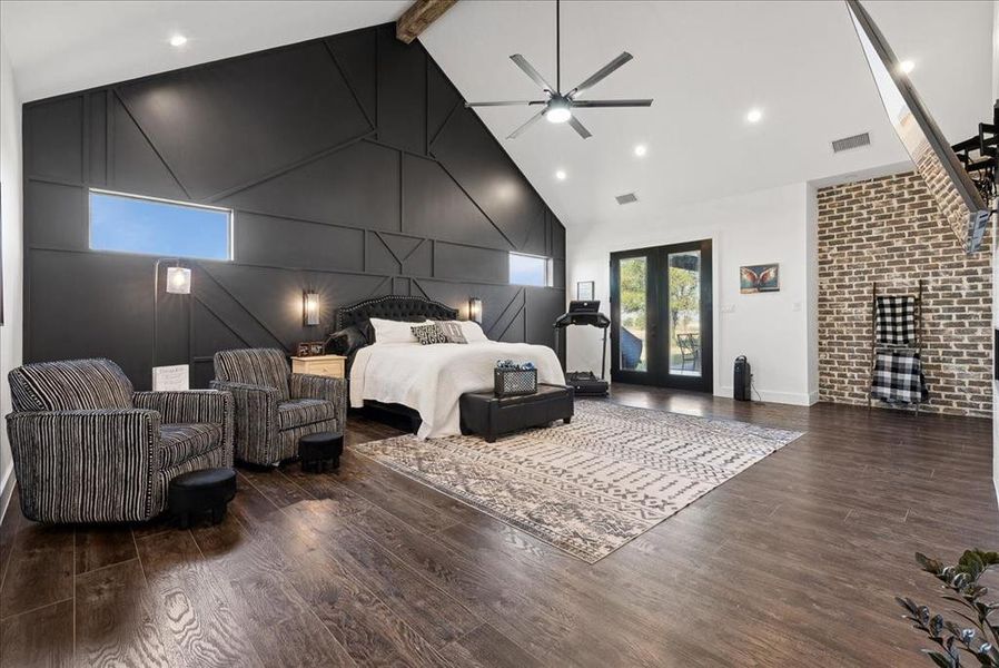 Bedroom featuring french doors, dark hardwood / wood-style flooring, ceiling fan, beam ceiling, and high vaulted ceiling