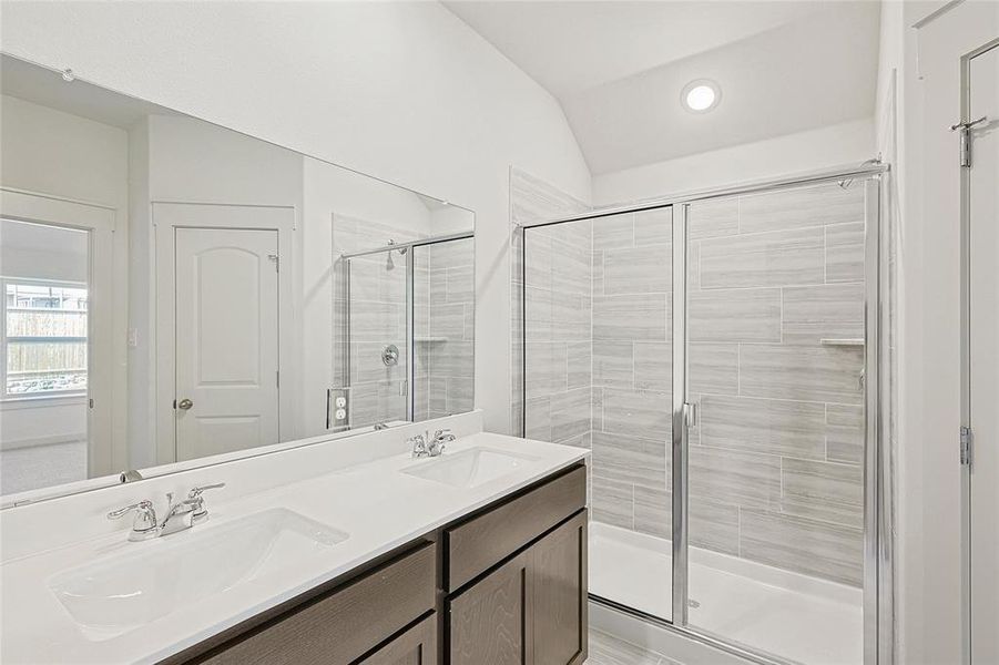 Bathroom featuring vanity, lofted ceiling, and a shower with door