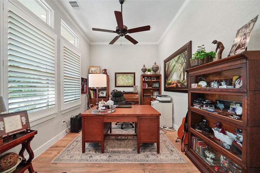 You’re going to love the morning commute to the private study. Find ample space for furnishings, a raised ceiling with a cooling fan, wood shutters on stacked windows, and French doors providing privacy for the at-home professional to make calls, attend on-line meetings and classes etc.
