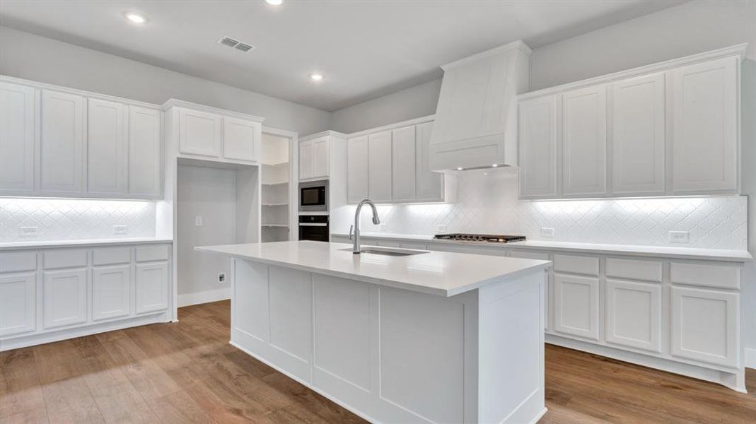 Kitchen featuring premium range hood, stainless steel appliances, decorative backsplash, light wood-type flooring, and sink