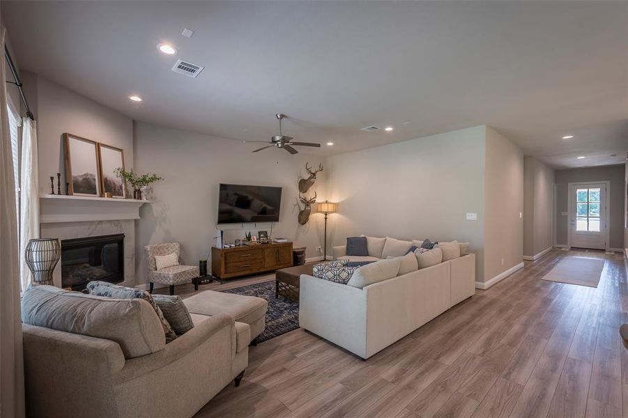 The family room with gas log fireplace.