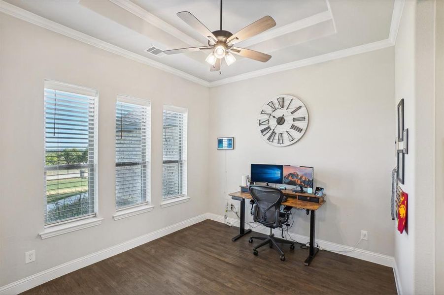 Home office featuring ceiling fan, a raised ceiling, dark hardwood / wood-style floors, and ornamental molding