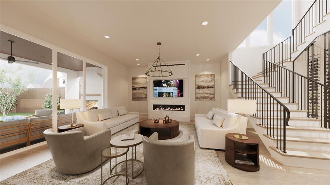 Family Room with a 72" Direct Vent Linear Gas Fireplace with a Slab Quartz Surround, Block Paneling on the Fireplace Facade and Back Walls.  There is a Multi-Slide Panel Door that opens to the Covered Lanai bringing the outdoor space inside.