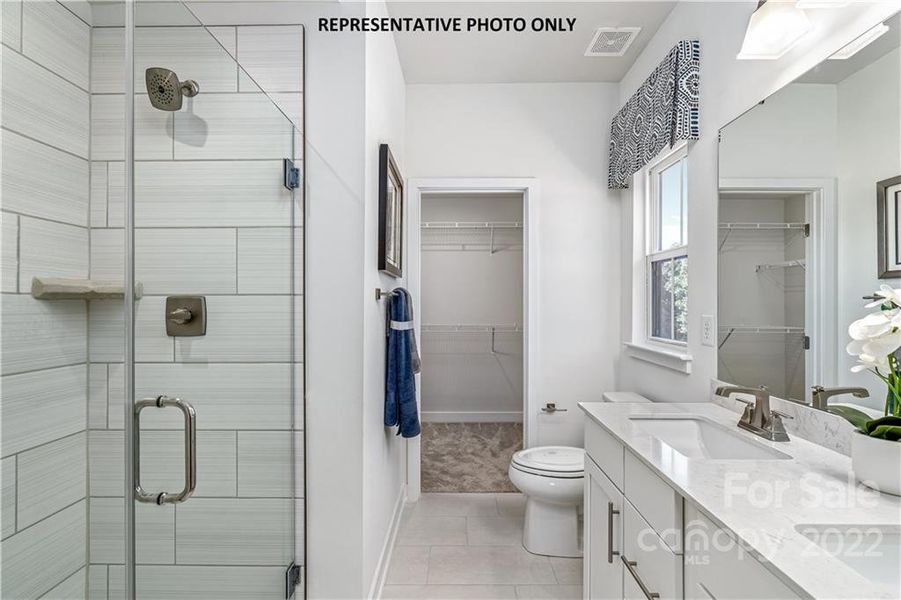 Walk In Shower with Dual Sinks and Large Closet in the Owners Suite