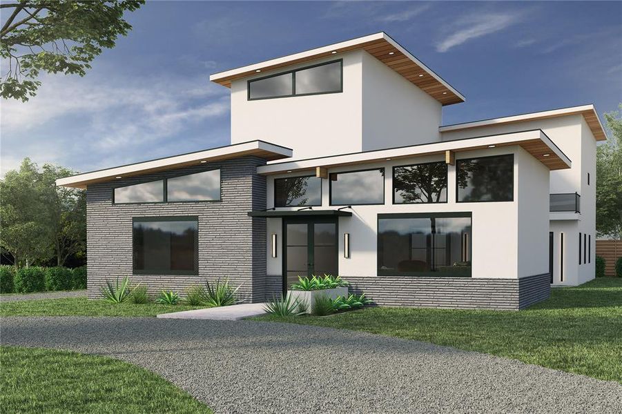 Contemporary home featuring a front lawn