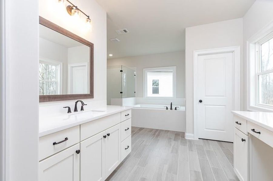 Owner's Bathroom featuring a healthy amount of sunlight, vanity, and plus walk in shower.  Photo not actual home, but previously built Mansfield plan.