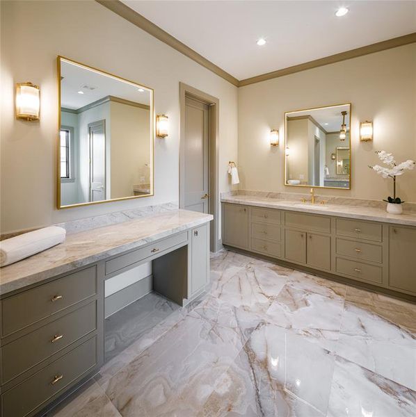 Her side with separate vanity and the make-up station with LED lit-up mirror and elegant wall sconces