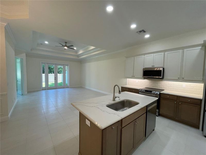 Kitchen view to large great room with tray ceiling