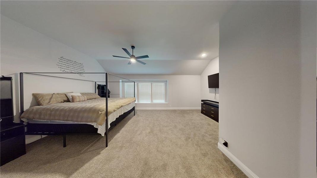 Carpeted bedroom with ceiling fan and lofted ceiling